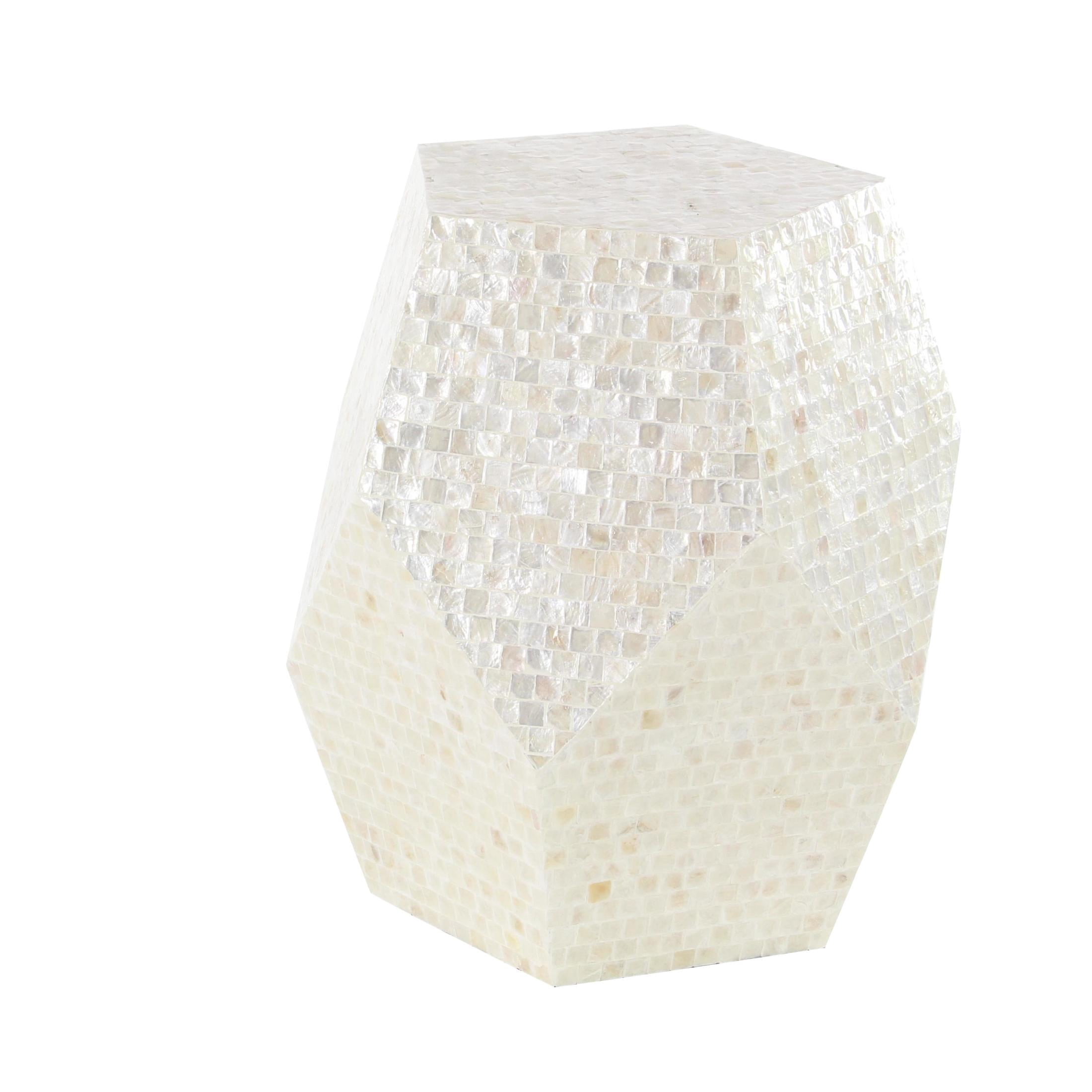 DecMode 16" x 19" Cream Mother of Pearl Shell Handmade Mosaic Inlay Geometric Accent Table, 1-Piece