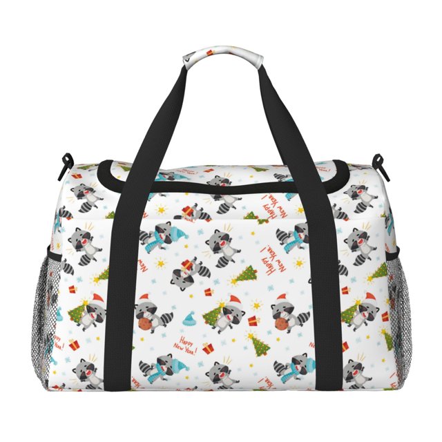 Fotbe happy new year Raccoon Bolsa de Viaje con Estampado, Bolsa de Fin de Semana para Mujer con Compartimento para Zapatos, Bolsa de Gimnasio con Bolsillo Húmedo