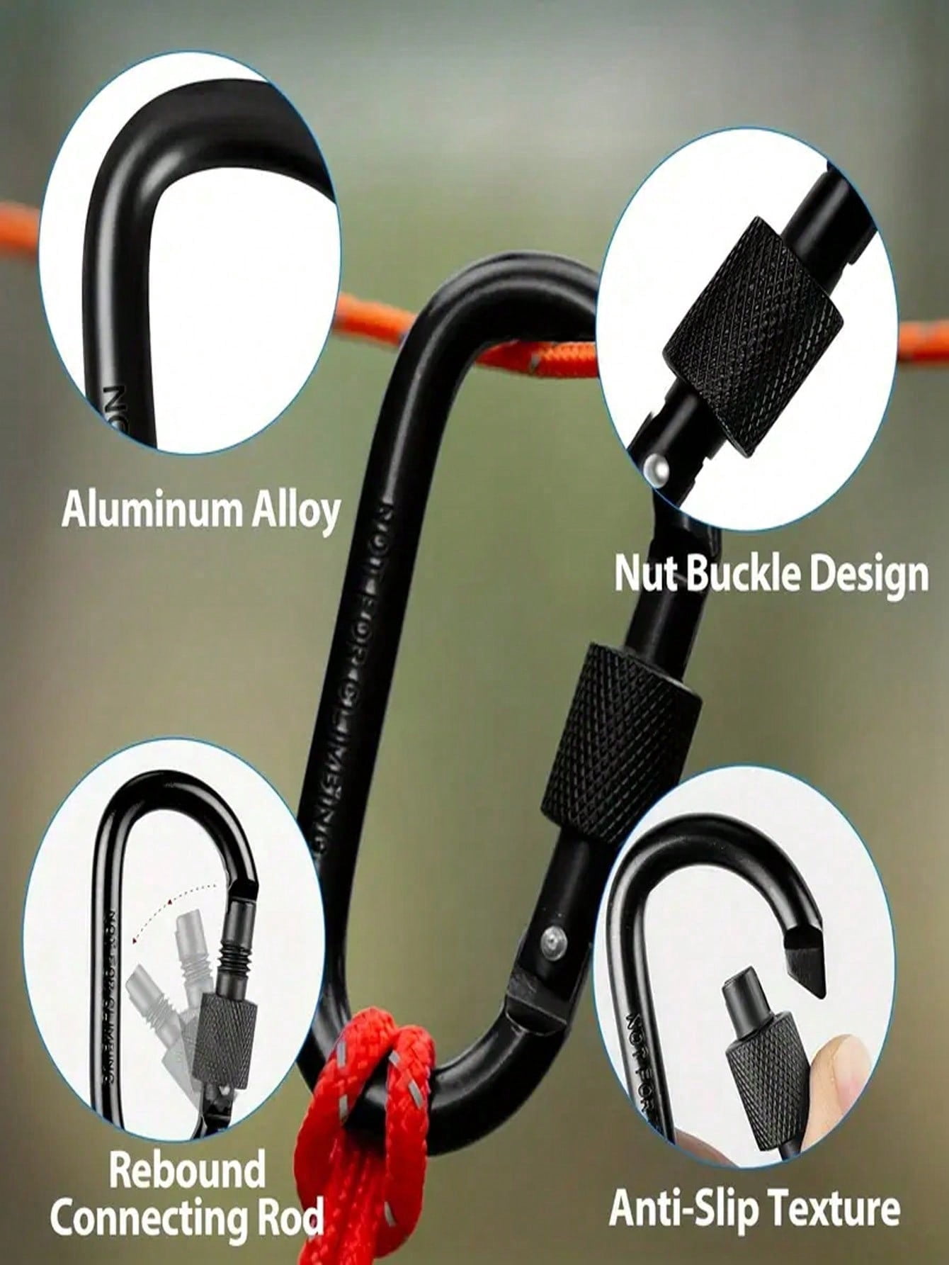Locking Carabiner Clips, 6 Pack Heavy Duty D-Ring Carabiners with Screw Gate, Black Aluminum Alloy for Camping, Hiking, Backpack, Dog Leash