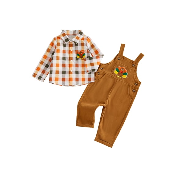 RUINIXCW Toddler Baby Boy Thanksgiving Outfit Infant Boys Fall Winter Clothes Turkey Embroidery Plaid Button Down Long Sleeve Shirts Overalls Pants