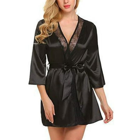 Women Satin Lace Silk Underwear Lingerie Nightdress Sleepwear Robe Plus ...