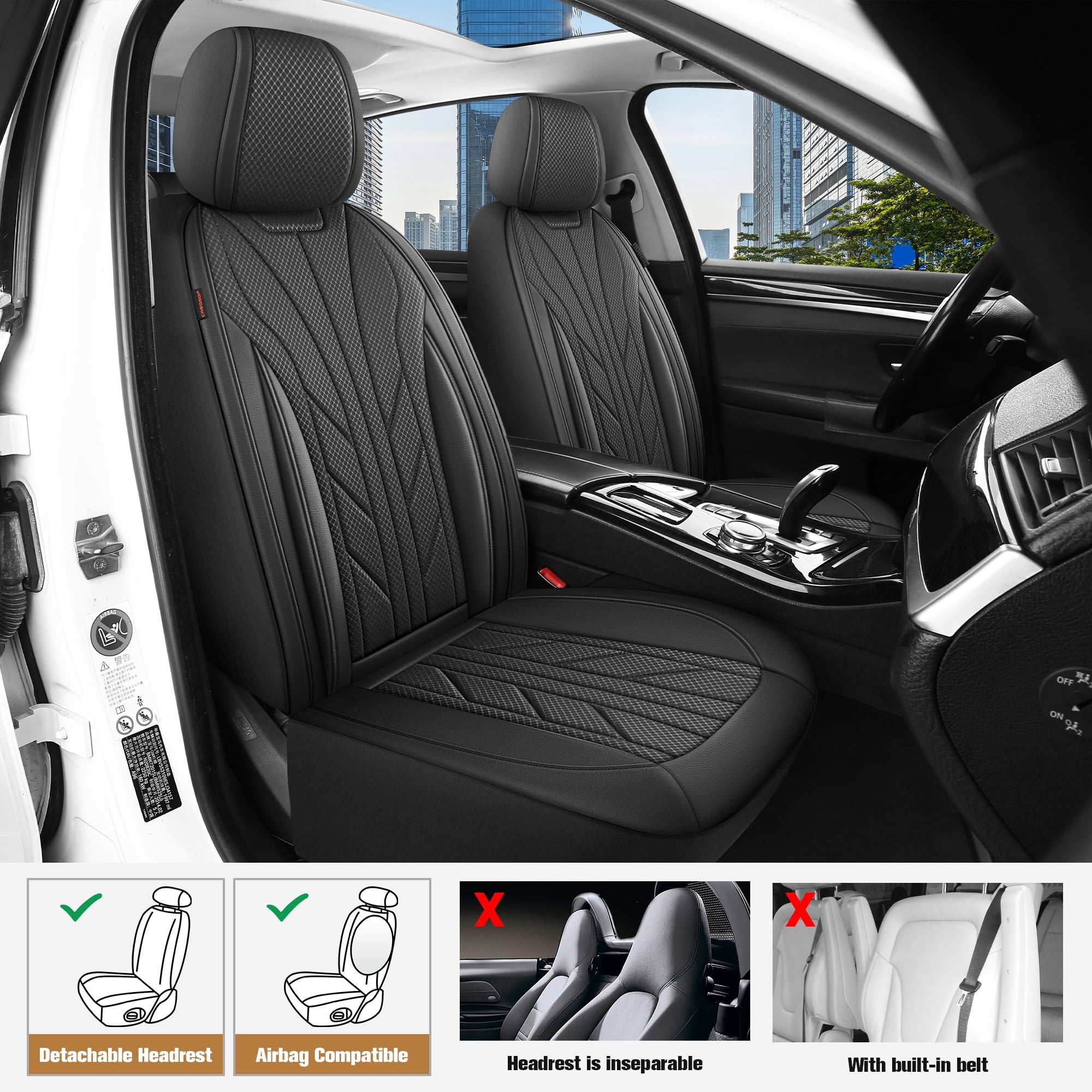 Caromop Black, Luxury Faux Leather & Fabric, Breathable 3D Foam, Armrest Covers,Airbag compatible,Full Seat Covers