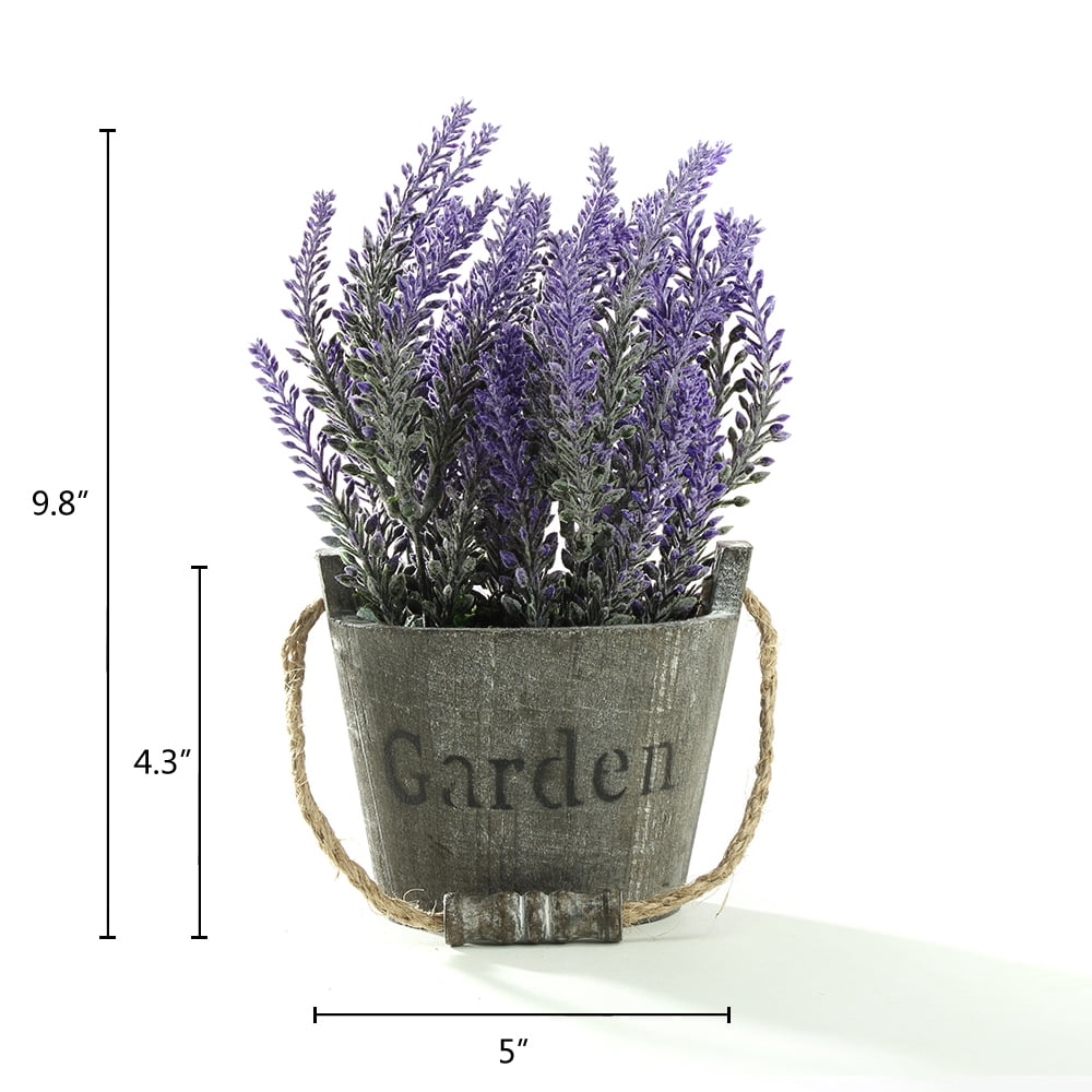 K-Cliffs Vintage Bouquet of Artificial Lavender Flowers  Potted in a Rustic Gray Wooden Metal Planter Pot   6.7Dia x 8.3H inches; 5Dia x 4.3 inches