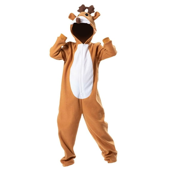XQYLOS Kids Christmas Reindeer Pajama Set - Hooded Loose-Fit Jumpsuit for Toddlers 1-3Y, Cozy Animal Jumpsuit Winter Sleepwear with Carton Print