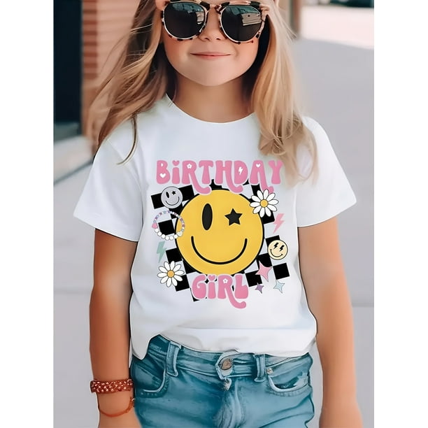 Girls' Smiling Face Printed T-Shirt - Classic Round Neck, Short Sleeve, Comfortable Fashion Top for Spring and Summer, Casual Daily Wear