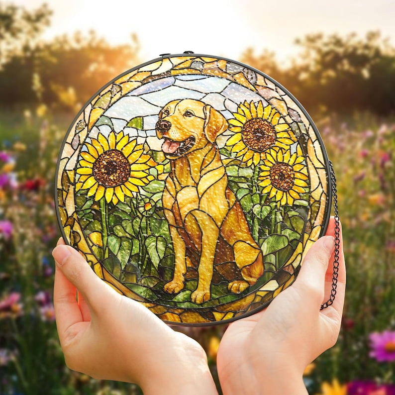 Labrador Stained Glass Suncatcher, Sunflower Dog Window Panel, Farmhouse Garden Style, Pet Lover Decor, Gift for Dog Owners, Dog Lover