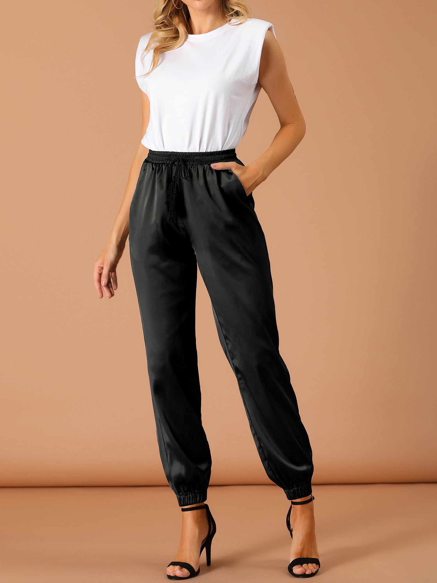 DARING DIVA Women's Satin Straight Leg Ankle Length Joggers Large Black