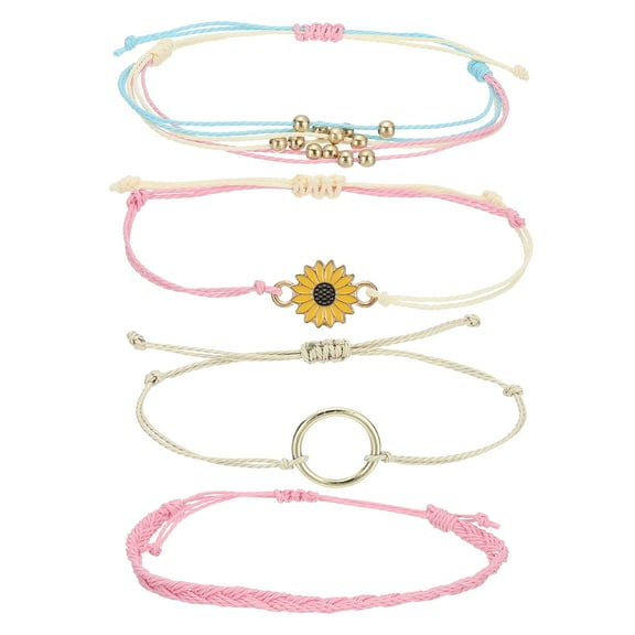 Uxcell Sunflower String Bracelets, Adjustable Handmade Bracelets Waterproof Braided Rope for Girls, Pink/Cream 4 Pcs