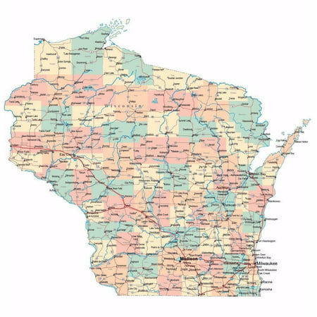 Laminated Poster Wisconsin State Road Map City County Madison Wi Poster Print 24 x