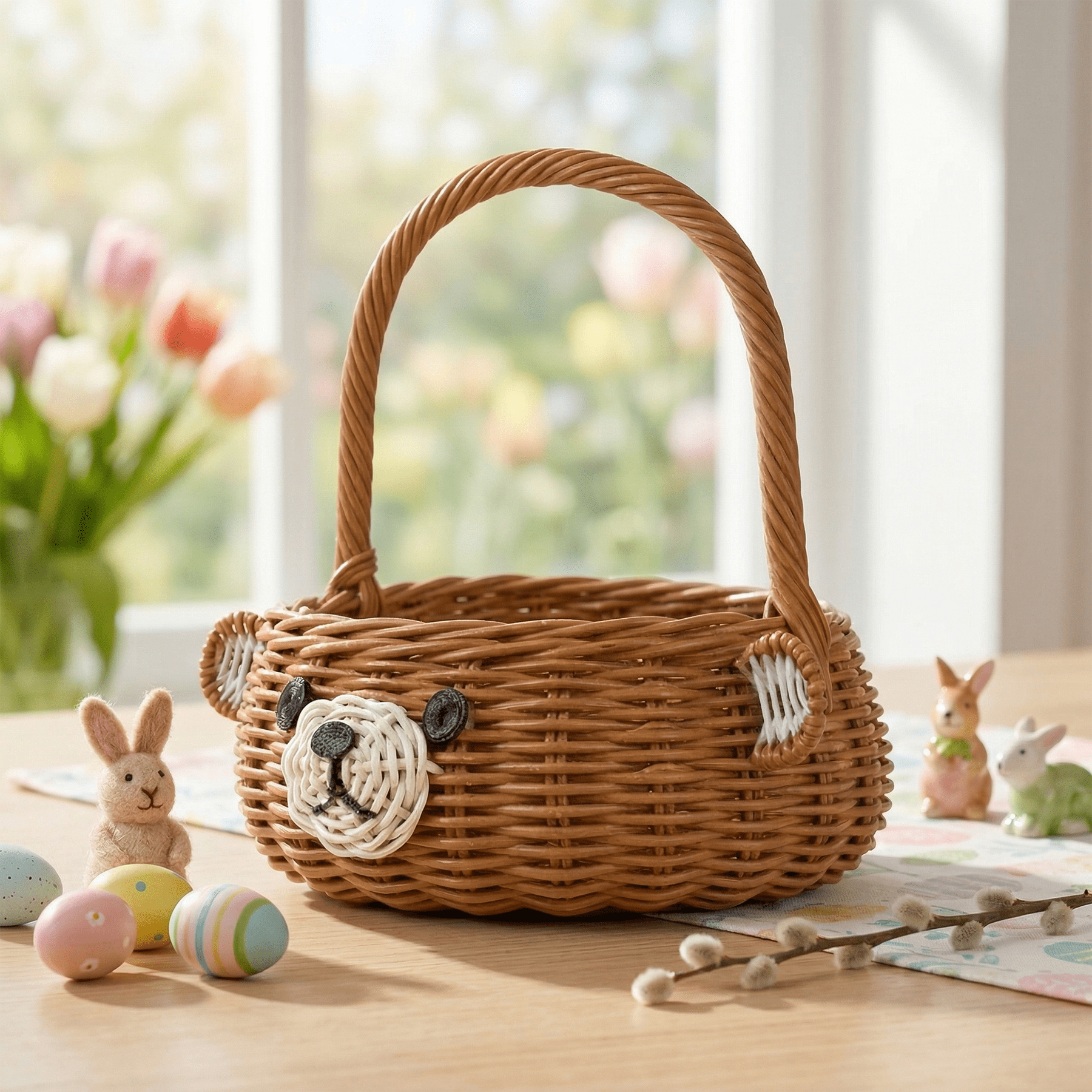 Hand Woven Bear Rattan Wedding Flower Girl Basket Decorative Home Decor Bin Organizer Storage Cute Handmade Handcrafted Gift Decoration Wicker Easter