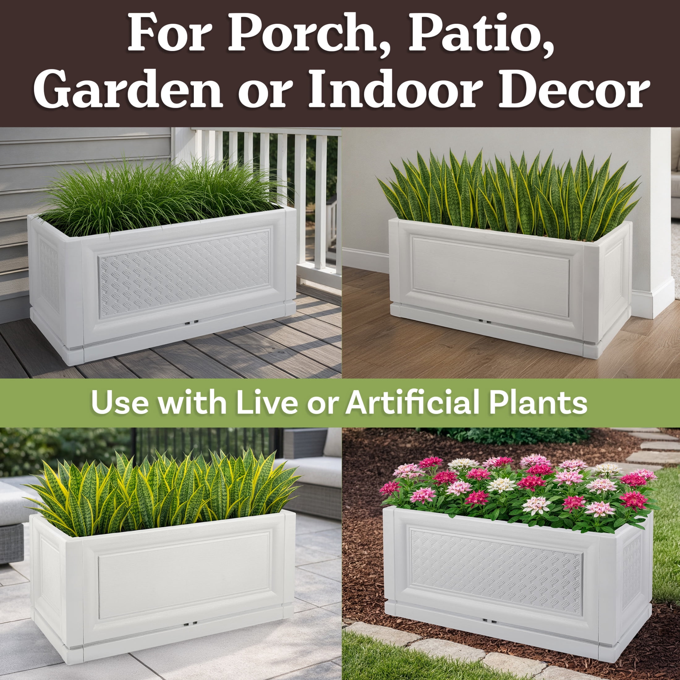 Pure Garden Large Planters for Outdoor Plants 2-Pack - 31.5in Rectangular Long Pots for Plants, White