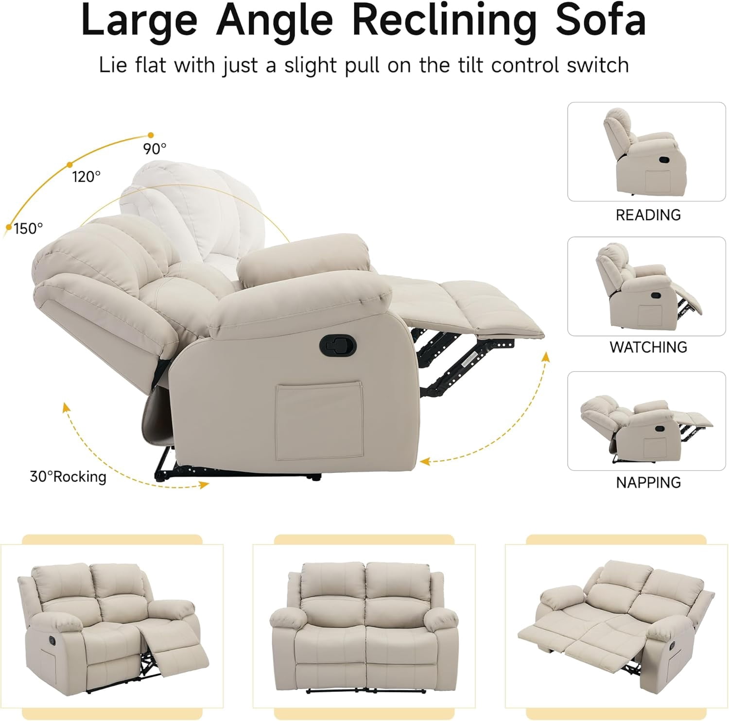 Chizzysit Reclining Couch Sleeper Sofa Set Chaise Lounge Chair Leather Recliner Couch Loveseat for Living Room, Theater Seating - Beige