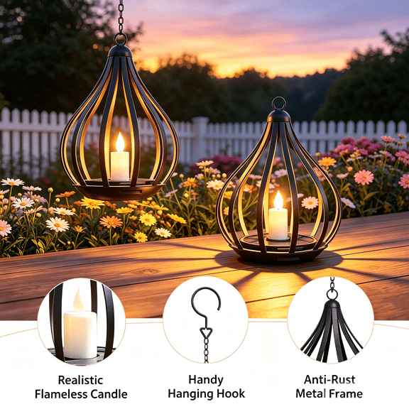 Akmoler Solar Lanterns Outdoor Waterproof Hanging Solar Lights Outdoor Decor, Outdoor Solar Lanterns with Flickering Flameless Candle for Garden Patio Backyard Pathway Decor, Gifts for Women Mom