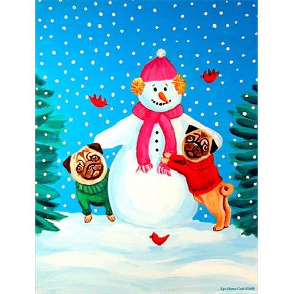 Snowman with Pug Canvas Flag - House Size, 28 x 40 in.