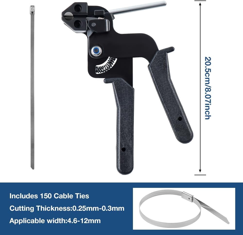 Stainless Steel Cable Tie Gun with Metal Zip Ties, with 150 Cable Ties, Professional Heavy Duty Tensioning & Cutting Tool, Adjustable Fastening Cutting Set, for Wire Fencing, Fence, Exhaust Pipe (E)