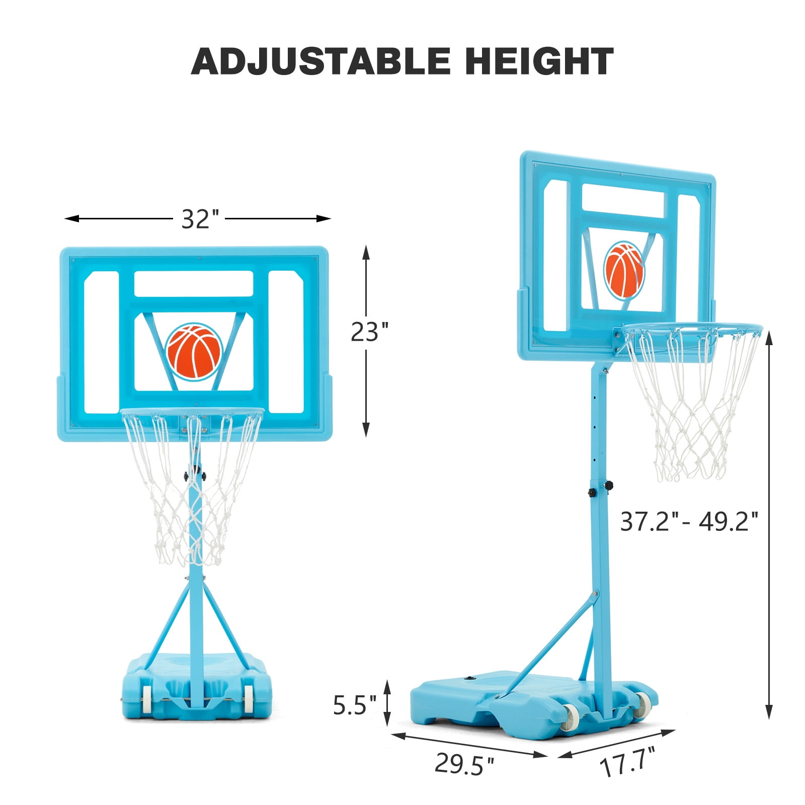 Danrelax 3.1-4.1FT Adjustable Pool Basketball Hoop, 32"x23" Backboard, Portable, Blue