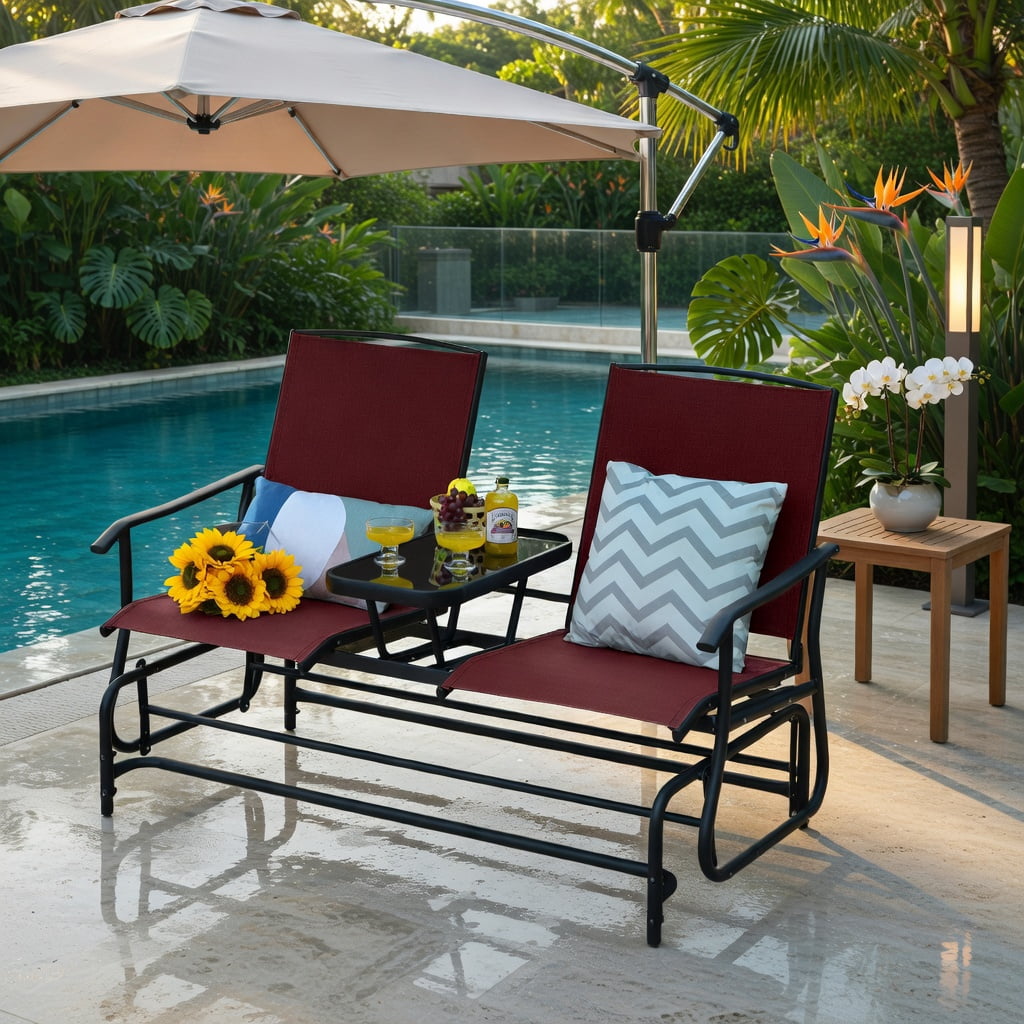 Hommoo 2-Person Outdoor Rocking Loveseat with Tempered Glass Center Table, Mesh Fabric Seating, Red