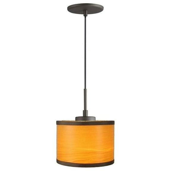 Woodbridge Lighting Drum 1-Light Wood Mini-Pendant in Bronze/Veneer Nougat