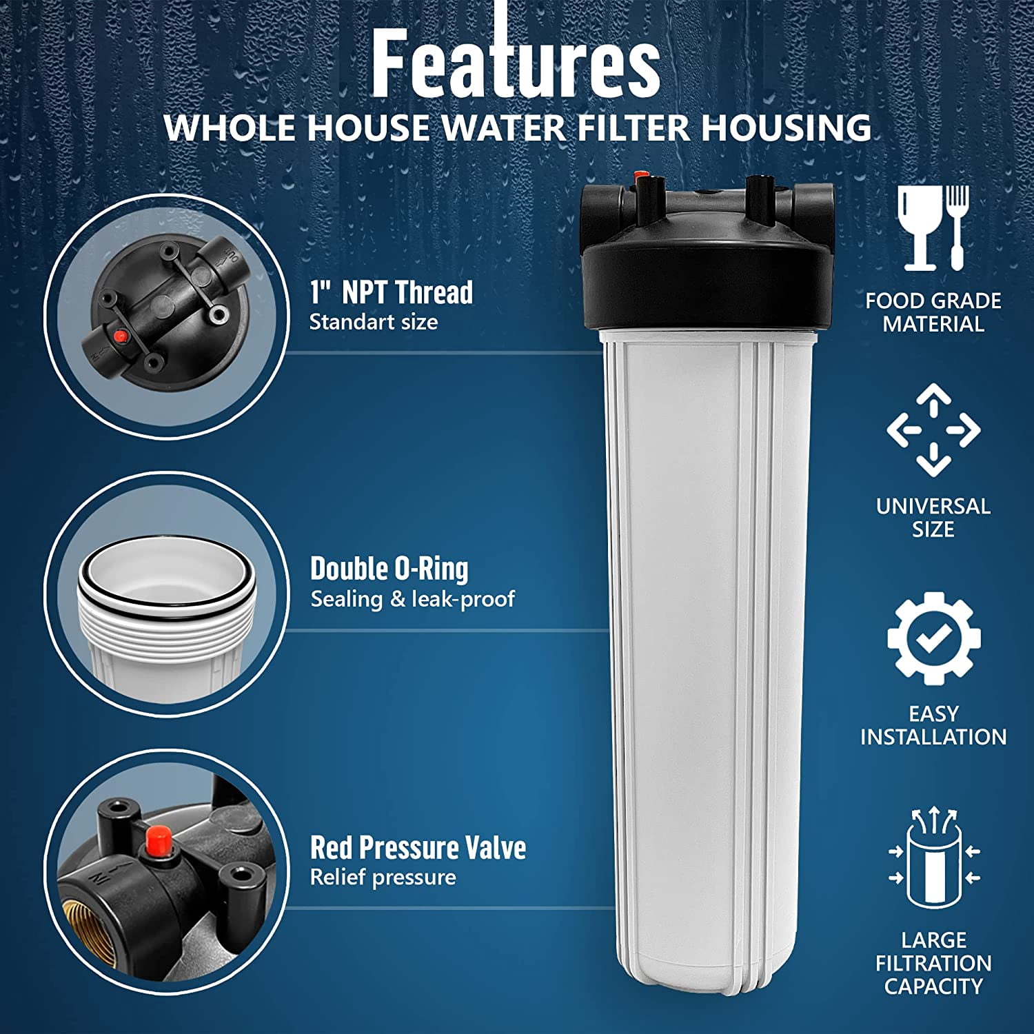 High Capacity 20 x 4.5” Whole House Filter Purifier System for Well or City Water, Presser Relief Button, 1” NPT Brass Port, Double O-ring, Meets NSF Standards & Regulations (White, 2 Sets)