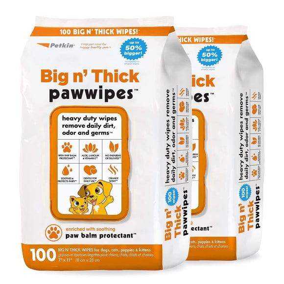 Paw Wipes Petkin Big N' Thick para perros, 200 toallitas, 2 paquetes