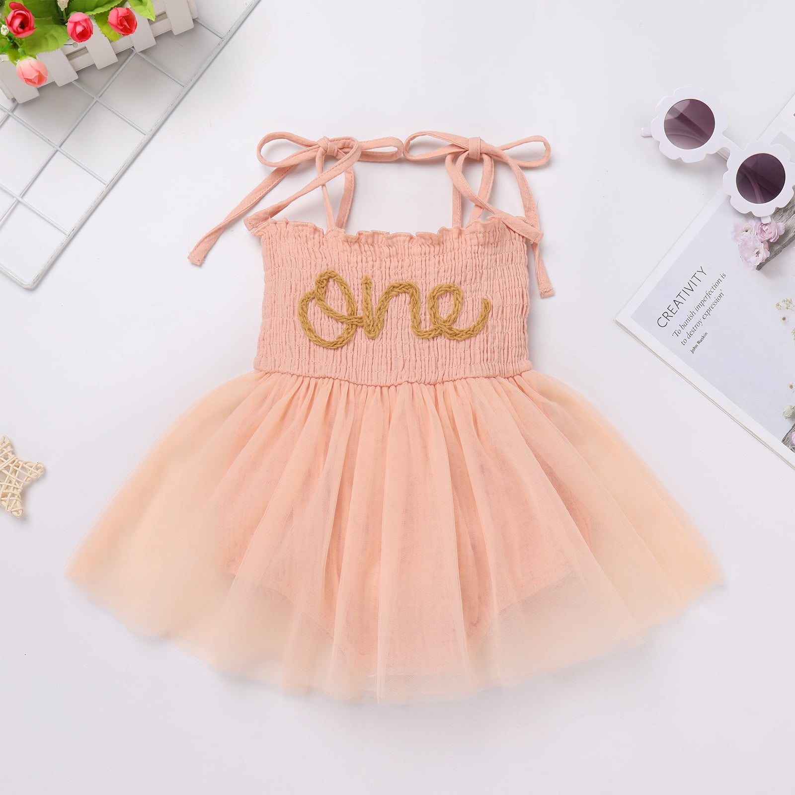 IDOPIP Baby Girls 1st Birthday Outfit Spaghetti Straps Romper Dress with Headband Cake Smash Outfit