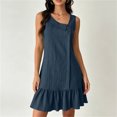 thumbnail image 2 of Women's Sleeveless Ruffle Hem Mini Dress Ribbed Textured Shift Dress Asymmetrical Neck Summer Beach Sundress Street Casual Outfit Navy, 2 of 6
