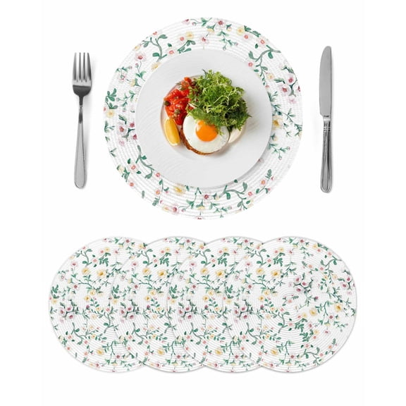 Spring Flowers Round 15 Inch Placemats Set of 4, Yellow Pink Floral Leaves Country Farm Plants HeatResistant Non Slip Place Mats for Dining Table, Wipeable Braided Kitchen Table Mats for Housewarming