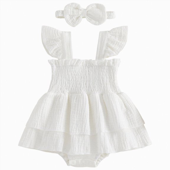 Yindaity Baby Girl Outfit Newborn Baby Girl 2 Piece Outfits Short Sleeve Knit Jumpsuit Romper with Headband Summer Clothes(White,12-18 Months)