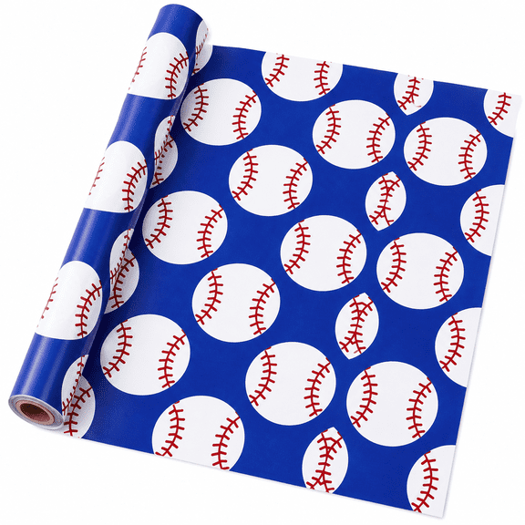Baseball Wrapping Paper Roll, 17 in x 9.8 ft Blue Sports Gift Wrap for Birthdays, Parties, Showers and Crafts