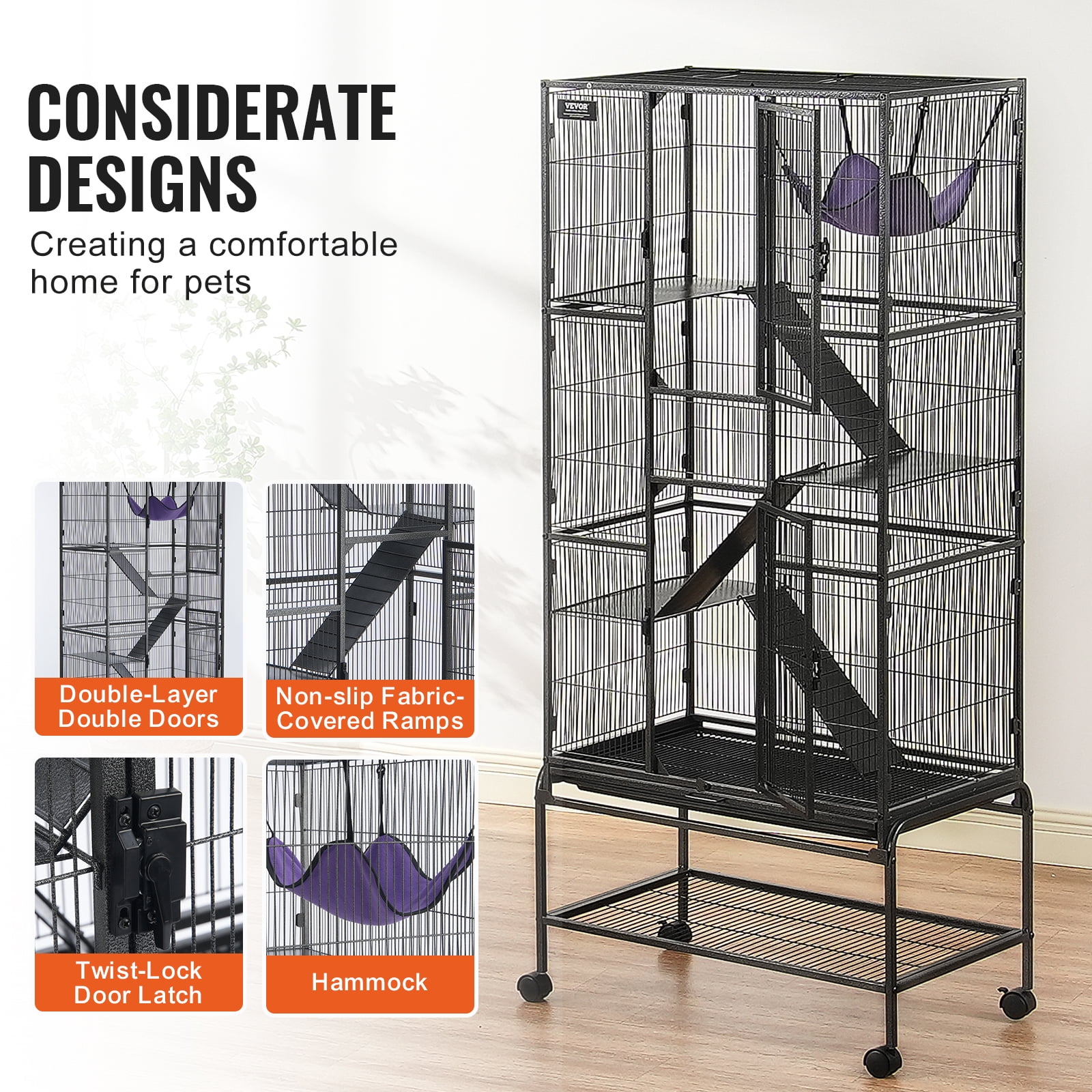 VEVOR 69" Rolling Metal Ferret Cage, Large 4-Tier Small Animal Cage with Ramps & Tray, Easy to Set up for Pet Rats, Hamster, Guinea Pig, Chinchilla, Squirrel, Hedgehogs, Bunny