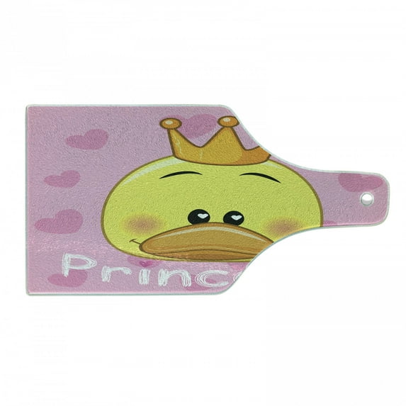 Feminine Cutting Board, Cartoon Duck with Tiara and Hearts in the Background Fun Art, Decorative Tempered Glass Cutting and Serving Board, Wine Bottle Shape, Yellow and Pink, by Ambesonne