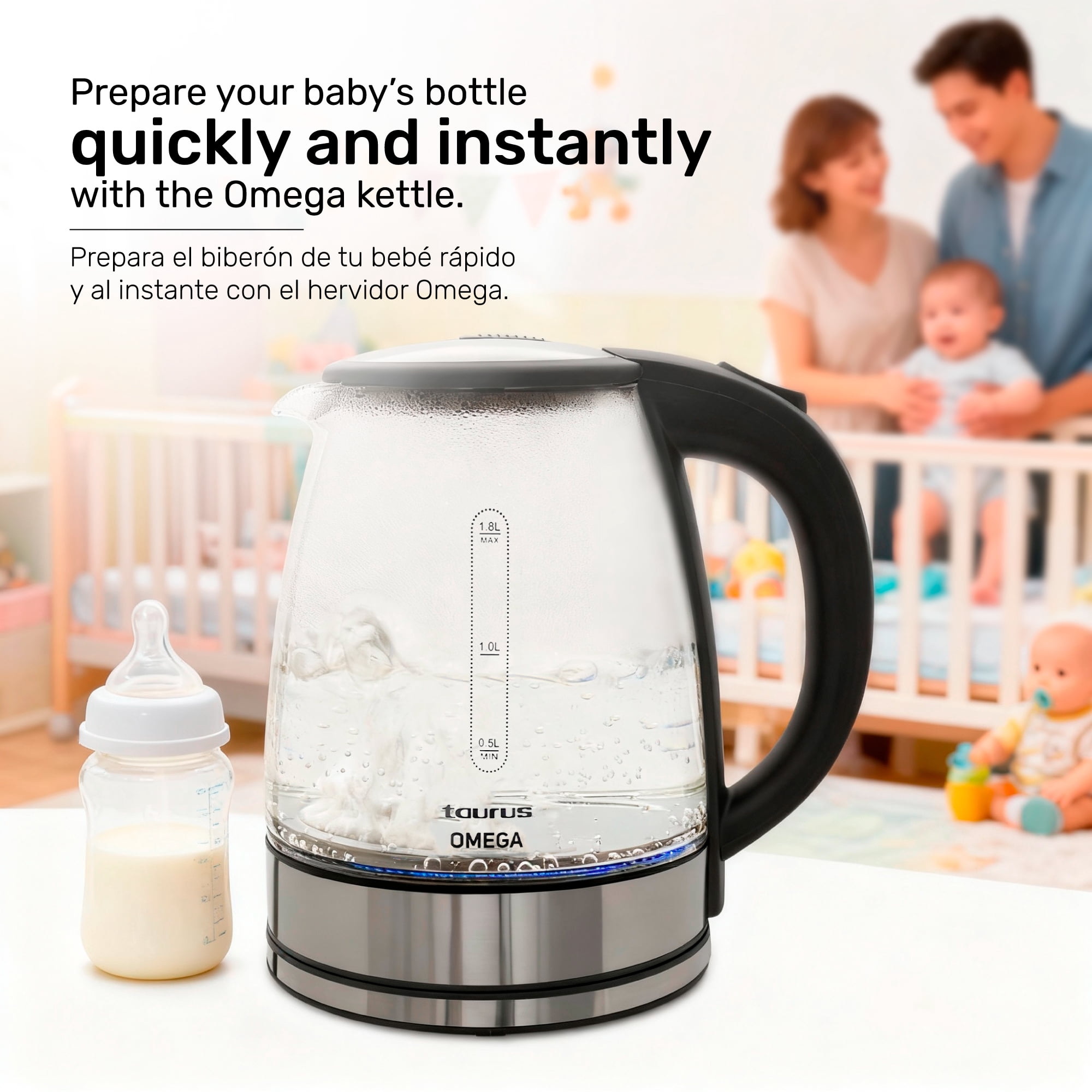 Taurus 1.8L Cordless Glass Electric Kettle with Borosilicate Body, 360° Swivel Base, Fast Boil, Auto Shut-Off – BPA-Free, for Tea, Coffee & Instant Meals