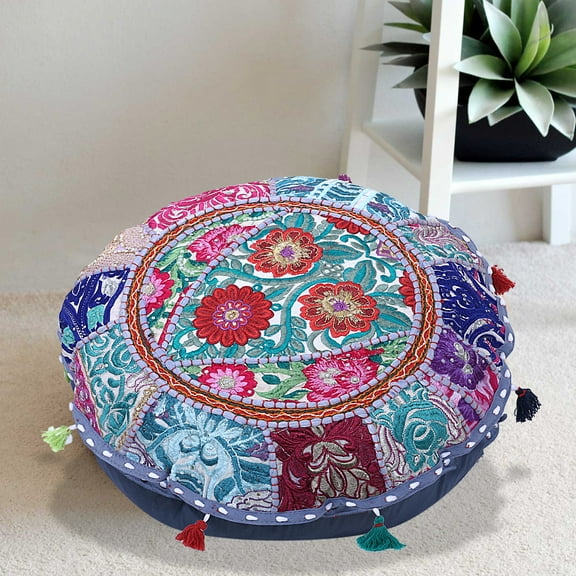 Stylo Culture Indian Yoga Throw Pillows For Bedroom Vintage Patchwork Cushion Cover Grey 18x18 Decorative Round Decor Seating Tuffet Seat Pouf Cover Footstool Cotton Embroidered 1 Pc