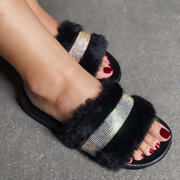 Rhinestone Diamond Fur Slides Quaouag Light Slide Slippers For