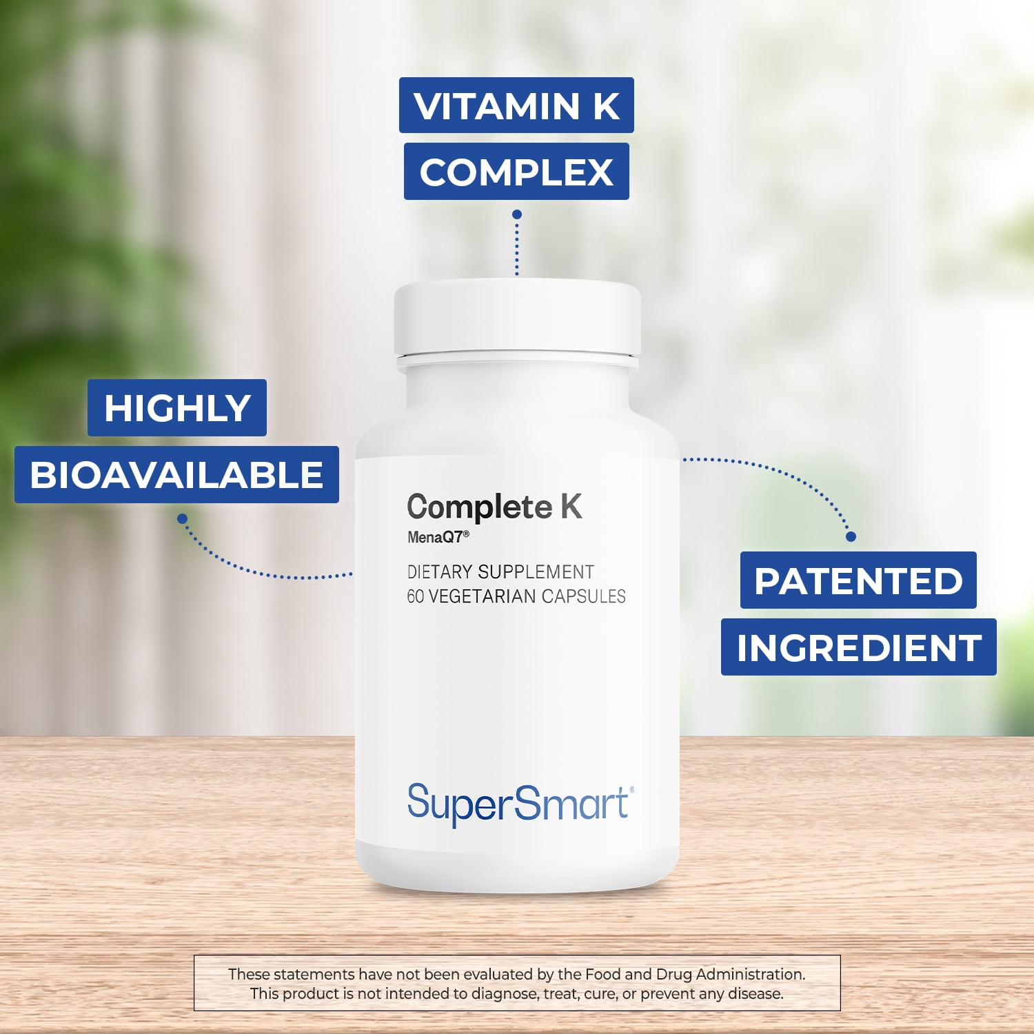 SuperSmart - Complete K - with Vitamin K1, K2 (MK-4 + MK-7) | Non-GMO & Gluten Free - 60 Vegetarian Capsules