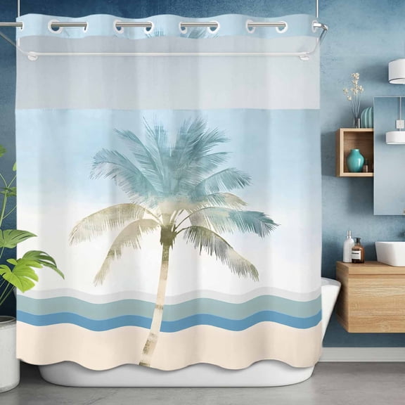 No Hooks Shower Curtain with Snap in Fabric Liner Set, Watercolor Beach Palm Trees Shower Curtains Waterproof Bathroom Curtain with See Through Top Window,Hotel Style,72x72in Blue Green Stripe