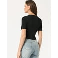 thumbnail image 3 of Unique Bargains Women's V Neck Short Sleeve Zip Front Ribbed Knit Crop Tops L Black, 3 of 6