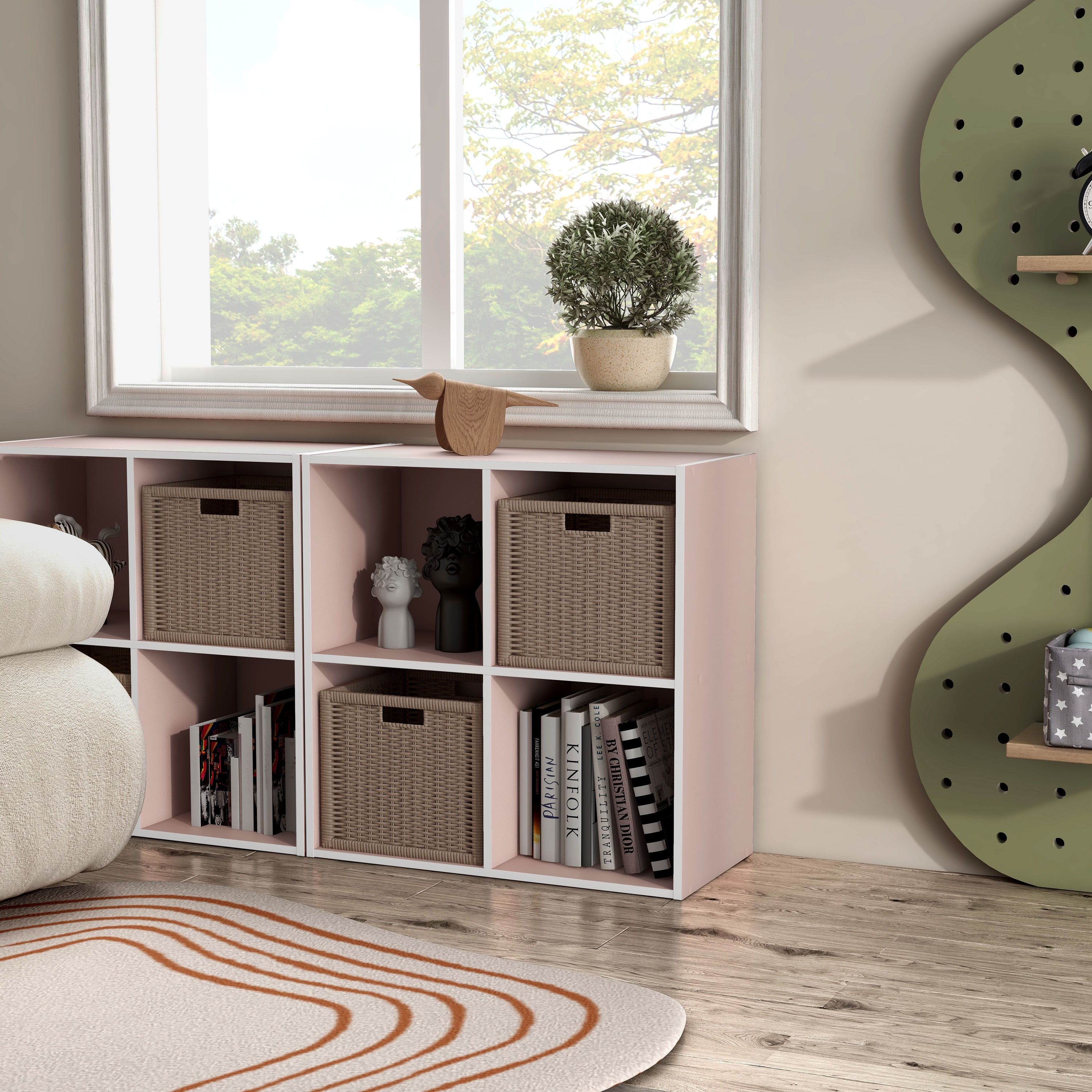 Furniture of America Brooks Stackable 4-Cube Wood Light Pink Kids Bookcase