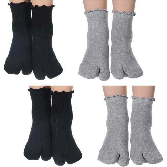 Tabi Socks, 4 Pairs Cotton Split Toe Socks Elastic Flip Flop Sock for Women Men Unisex(Black, Grey)