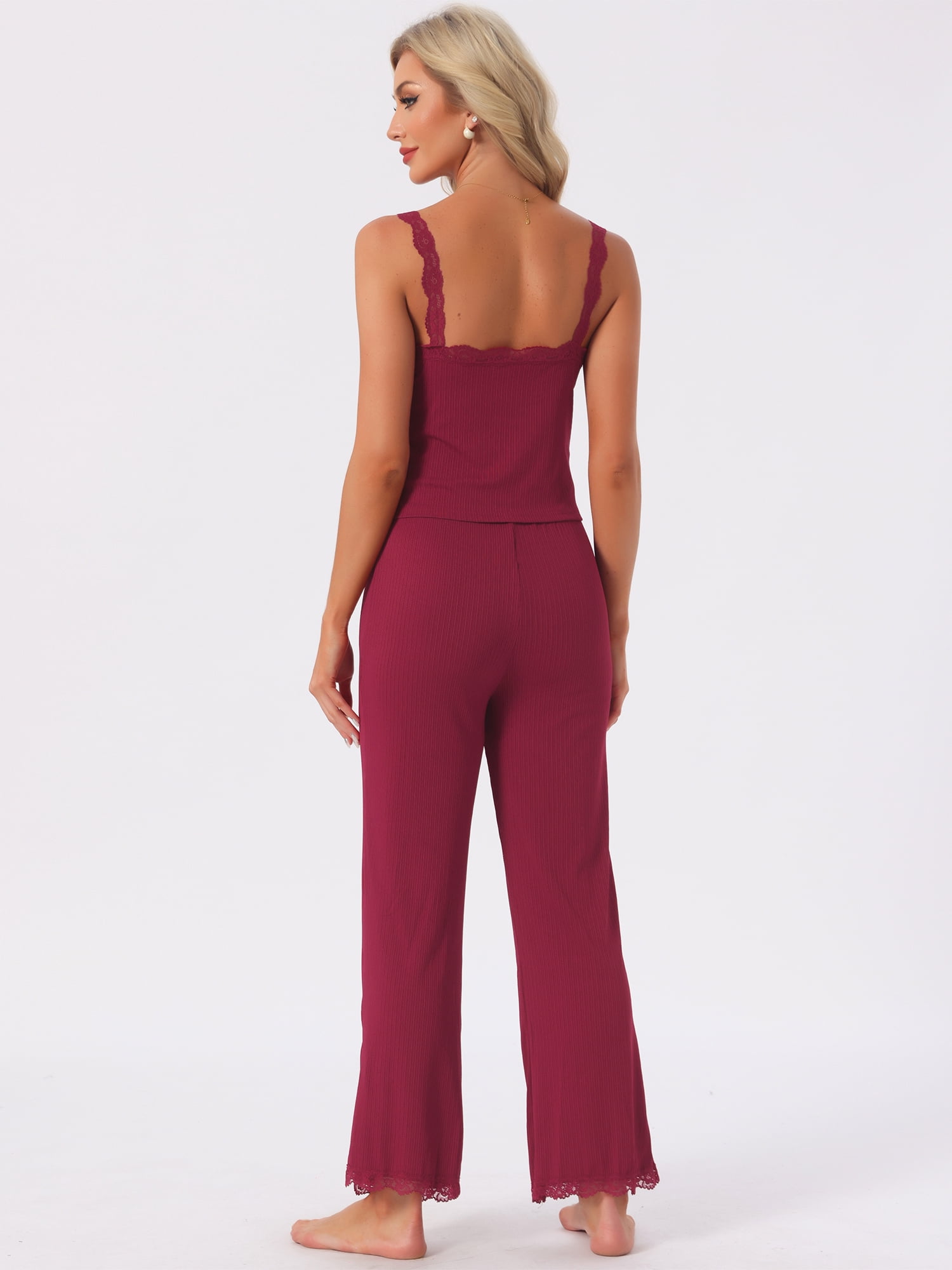 DARING DIVA Women's Pajama Sets Ribbed Knit Lace Tank Shorts Pants Sleepwear S Red