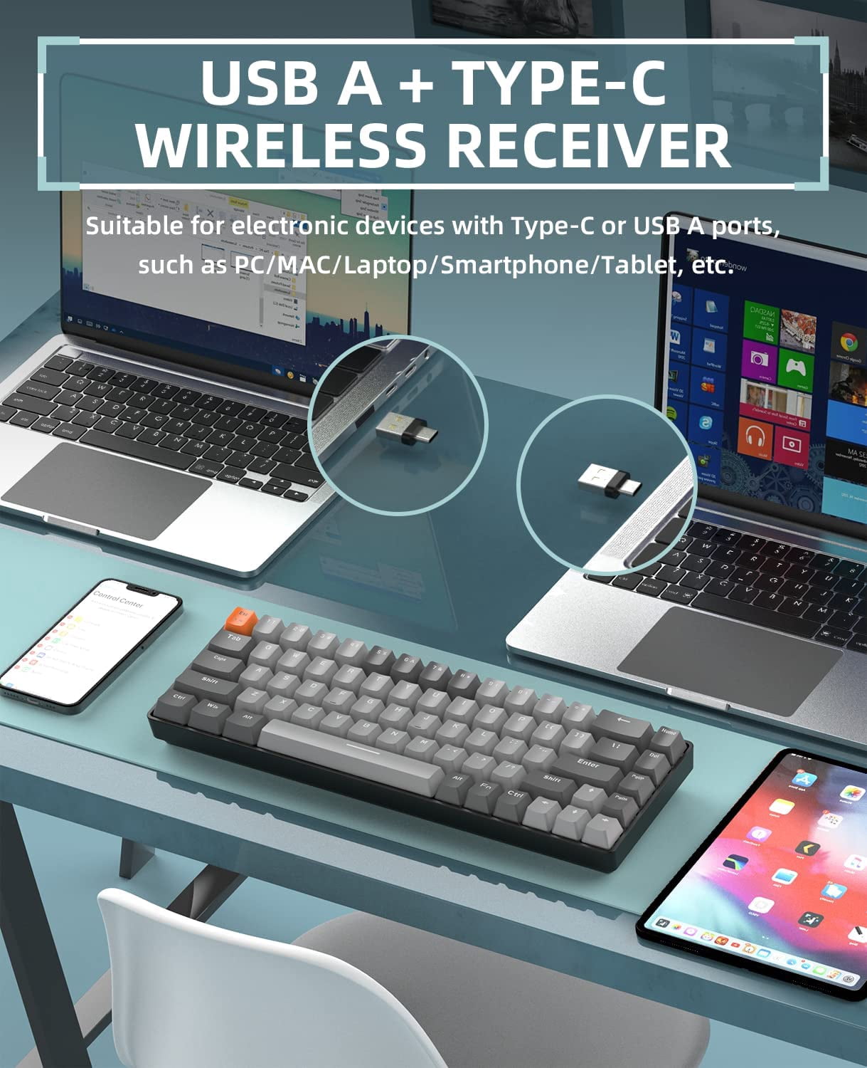 K68 60% Wireless Mechanical Keyboard, Bluetooth 5.0/2.4GHz Compact 68 Keys Red Switch for PC