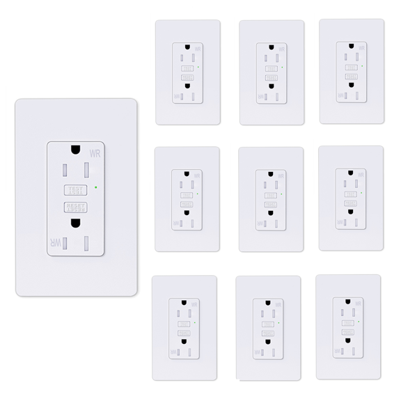 Slim GFCI Outlet 15 Amp,Thin GFI Electrical Outlet,Slim Ground Fault Receptacle Outlet Weather 125 Volt,with Decorator Screwless GFCI Plate,ETL Listed,White GFI,10PK