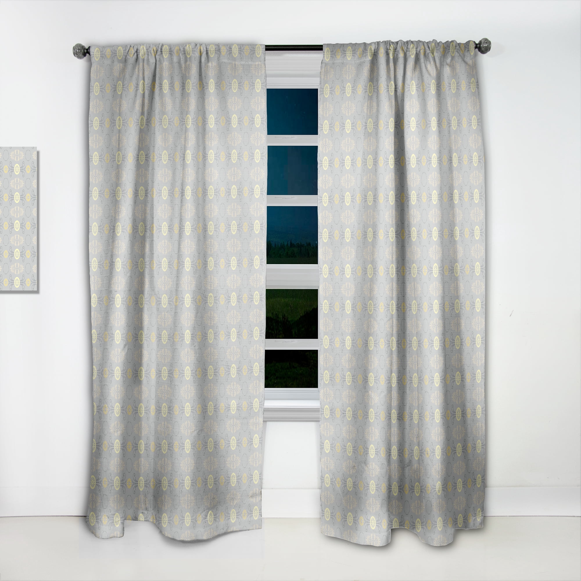 Designart Golden Cornflower Retro Pattern Modern Grey Abstract Rod Pocket Semi-Sheer Curtains