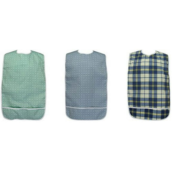 3 Pack Vinyl Backing Adult Bibs with Crumb Catcher and Velcro Closure - Multi Color Prints