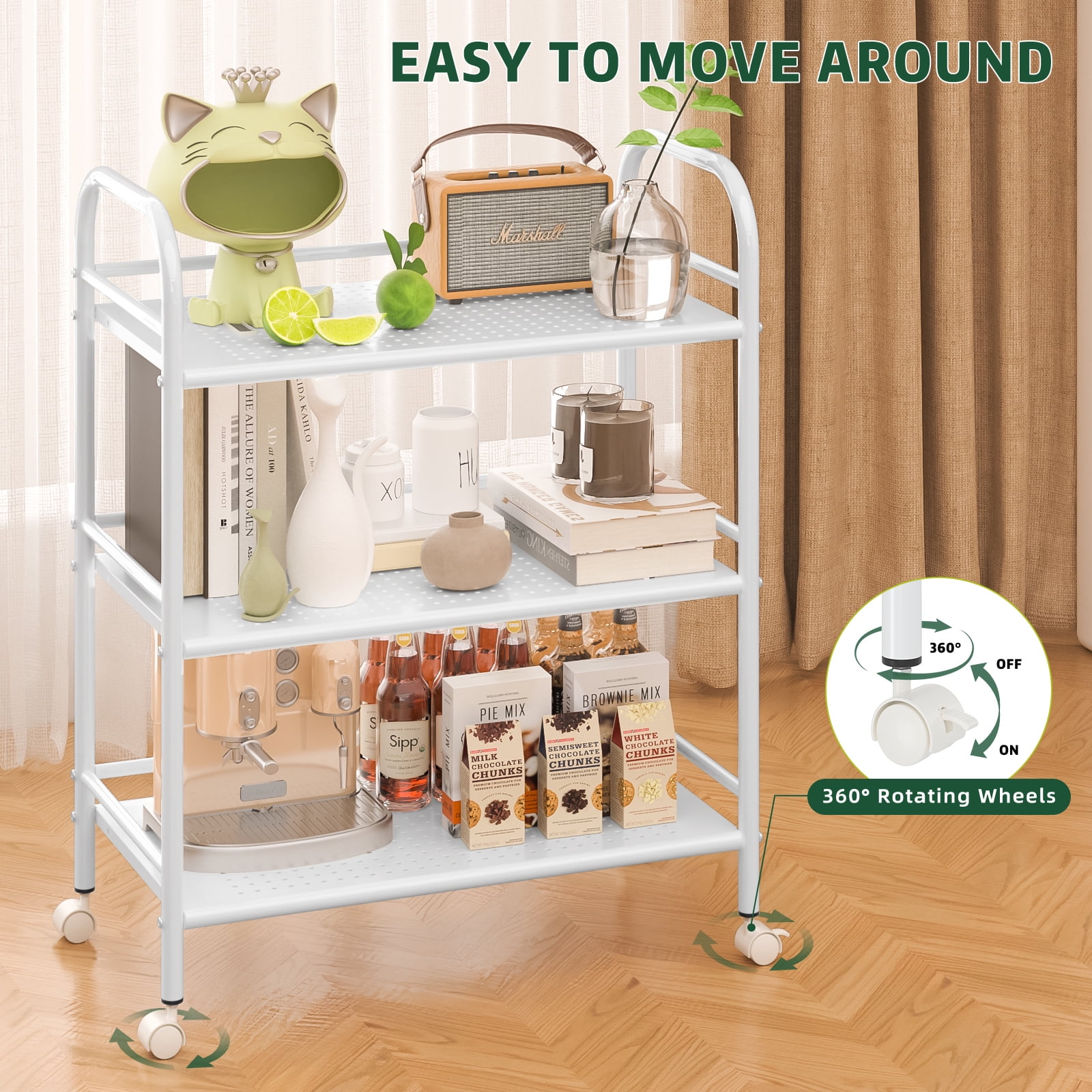 Cshidworld 3-Tier Metal Rolling Cart, Shelving Unit Storage Rack Kitchen Cart Island with Shelves, Heavy Duty Multifunctional Metal Frame with 2 Lockable Wheels for Home Office Kitchen Bedroom, White