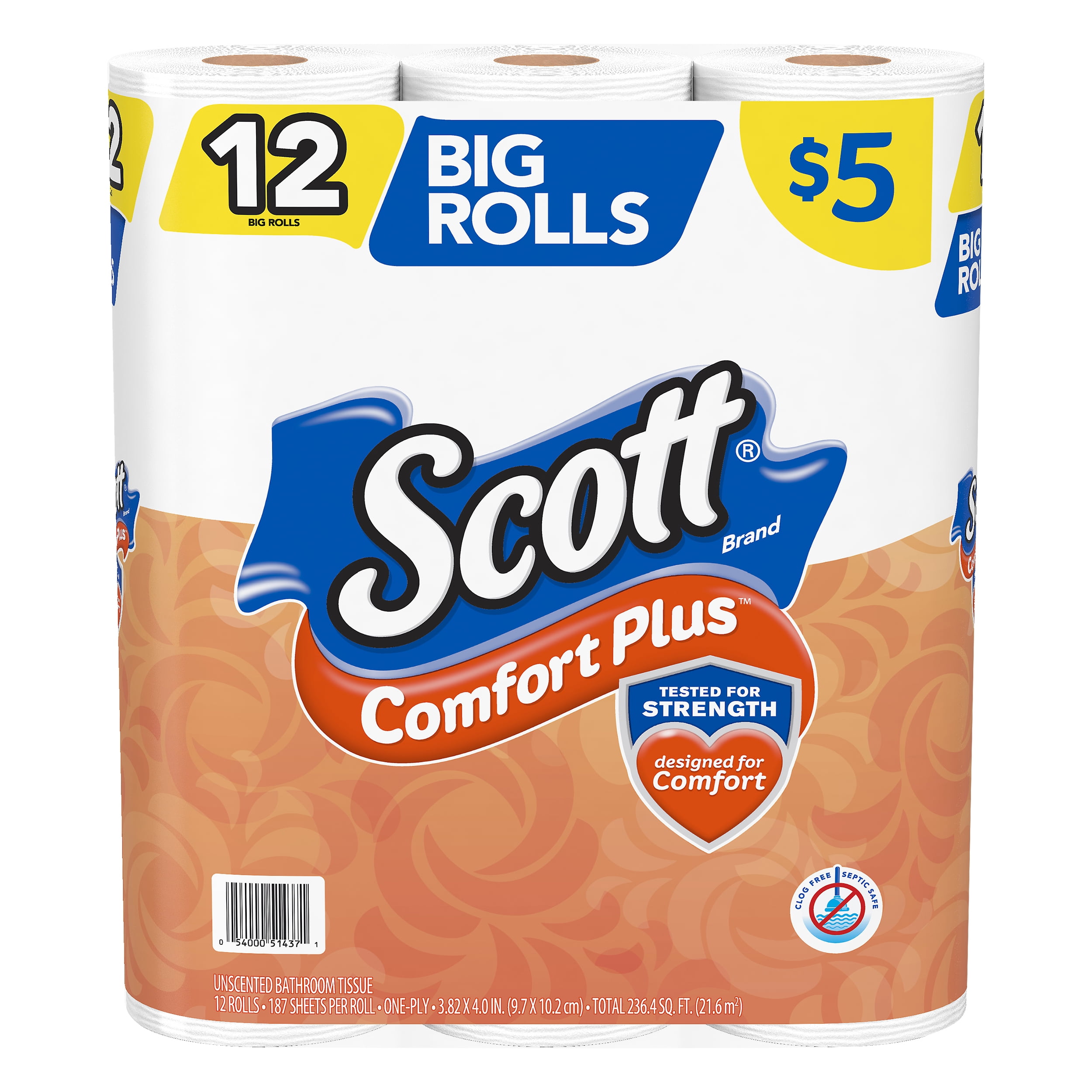 Scott ComfortPlus with Thick and Plush Toilet Paper , Designed to Care For  You With Everyday Comfort, 12 Pack