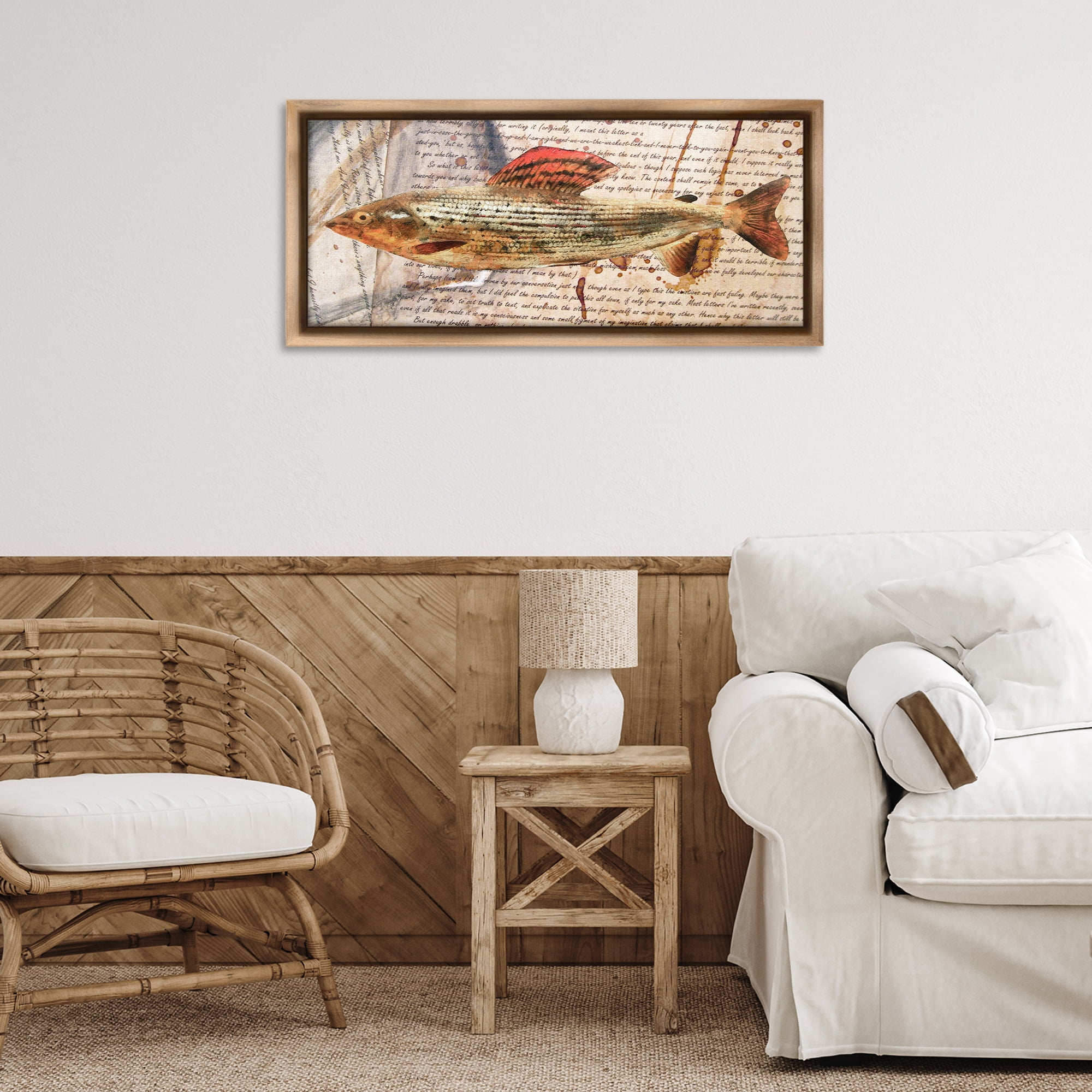 Stupell Industries Fish with Vintage Text Animals & Insects Painting Brown Floater Framed Canvas Art Print Wall Art, 31 x 14