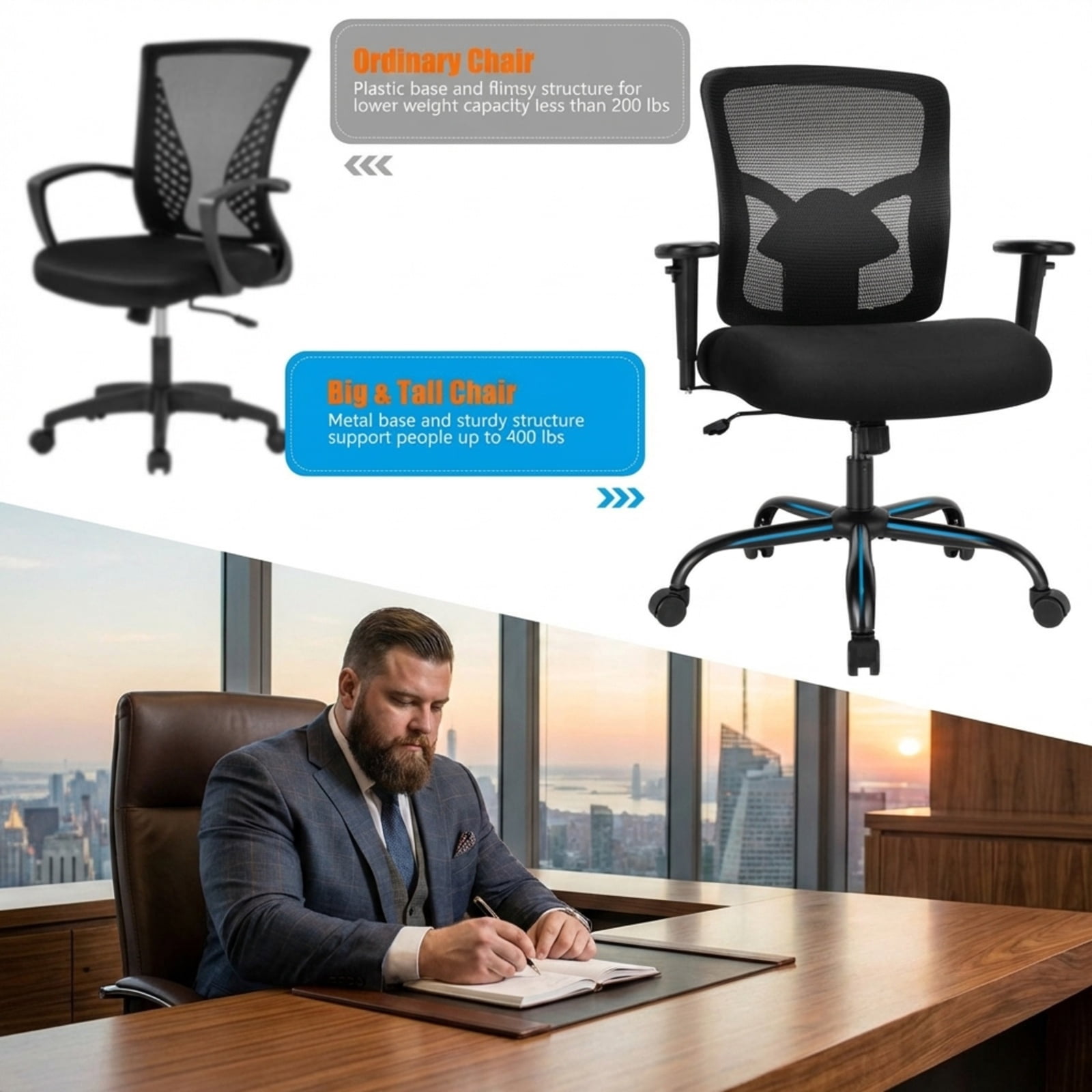 Furnibear Big and Tall Mesh Office Chair 400 lbs High Back Ergonomic Task Chair with Adjustable Lumbar Support, Computer Chair for Home Office, Black