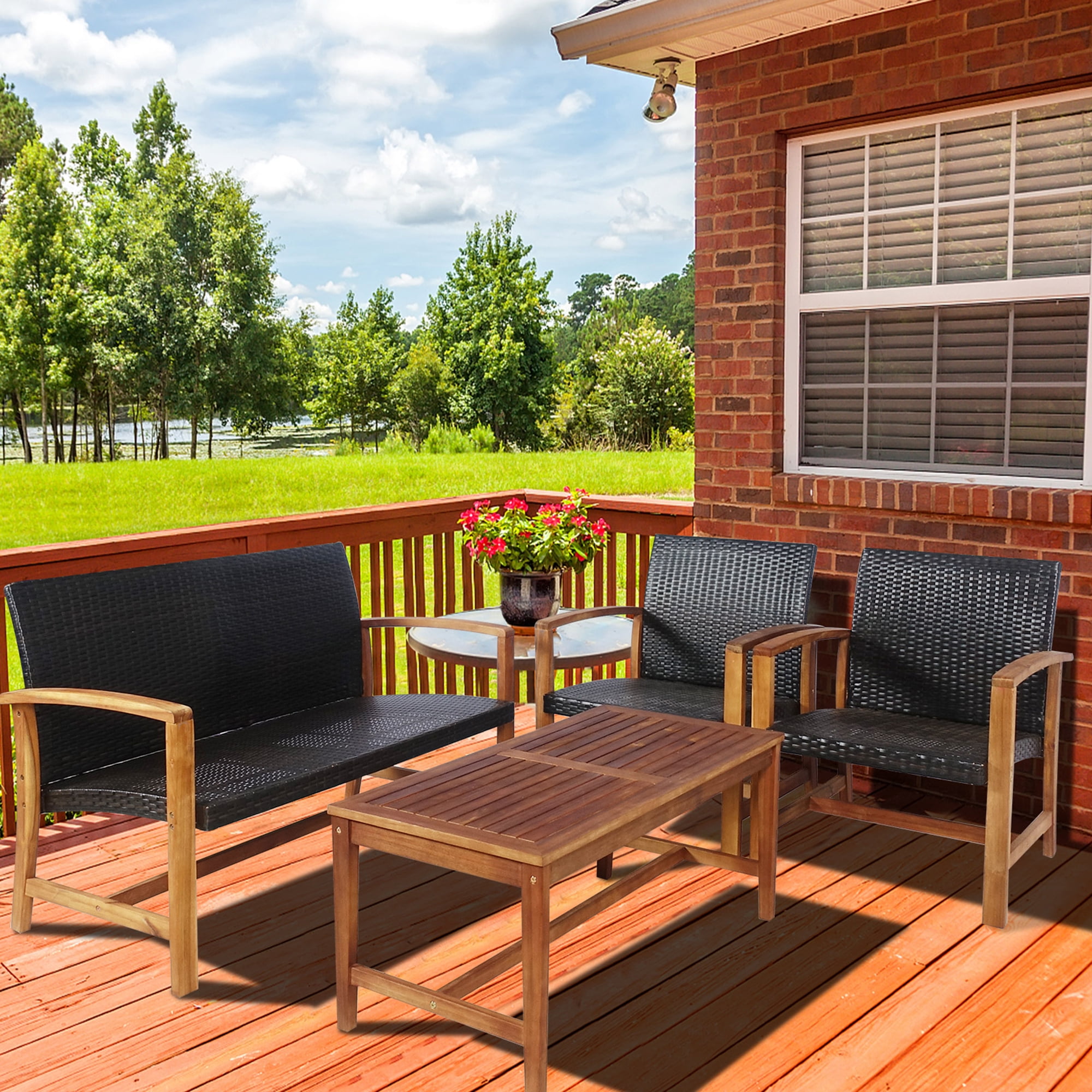 Gymax 8PCS Patio Conversation Set Outdoor Furniture Set w/ Acacia Wood Frame
