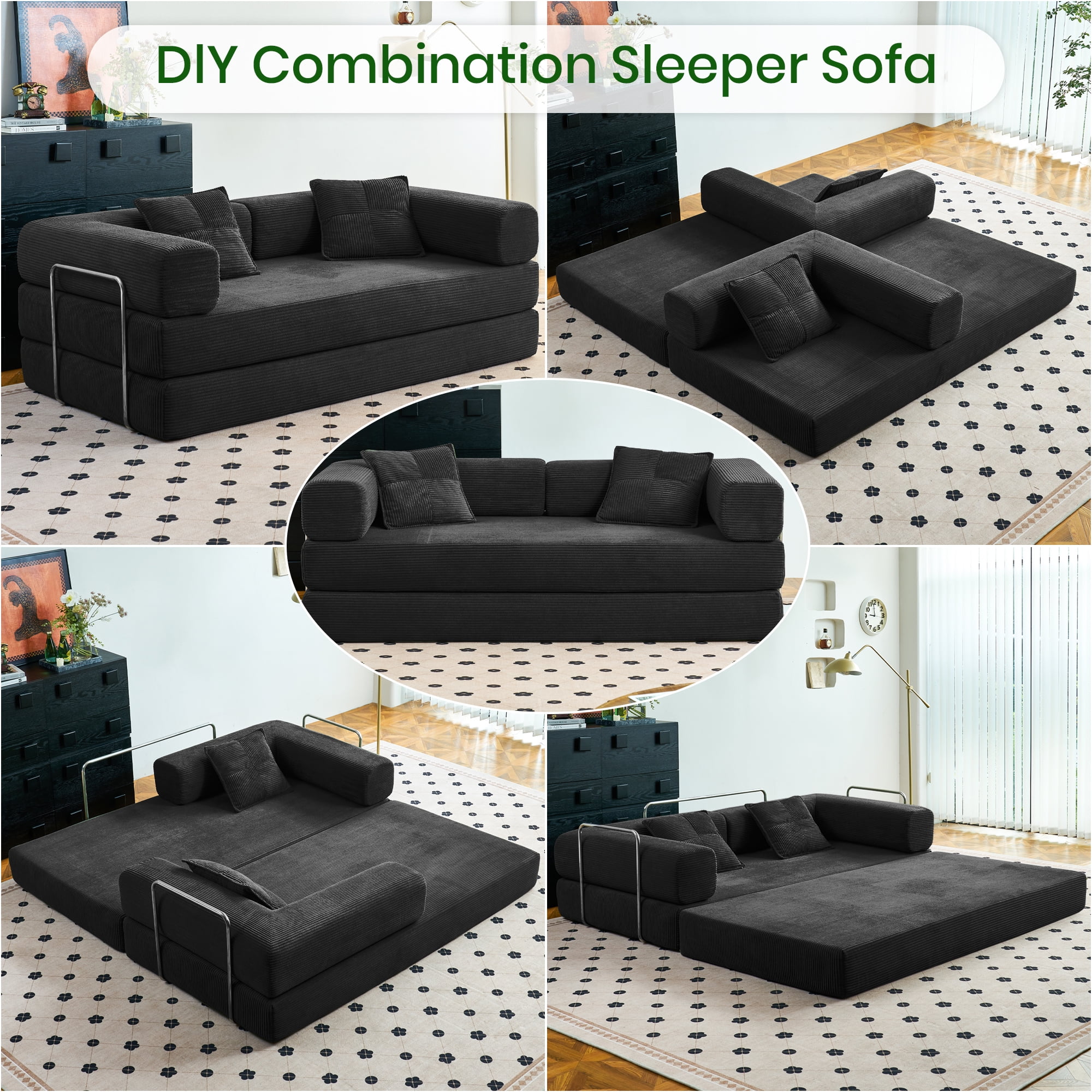 YINIX 81.6" Sleeper Sofa with Two Pillows, Comfy Modular Convertable Sofa Couch for Living Room, Small Spaces, Black
